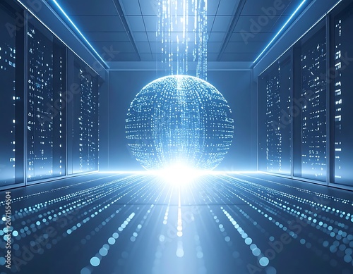 A futuristic server room with a glowing blue sphere