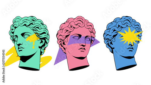 Schilderij op canvas Colorful classical statue heads in pop art vector style