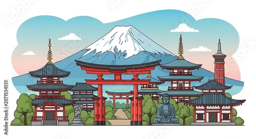 Colorful flat vector illustration of Asia travel landmarks, Mount Fuji in background