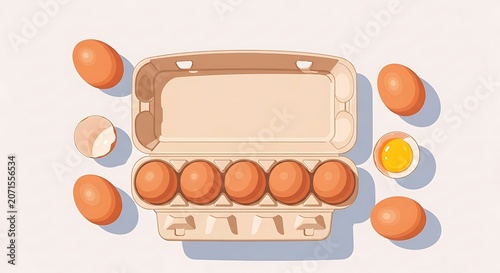 Top view flat lay illustration of eggs, open carton with brown eggs