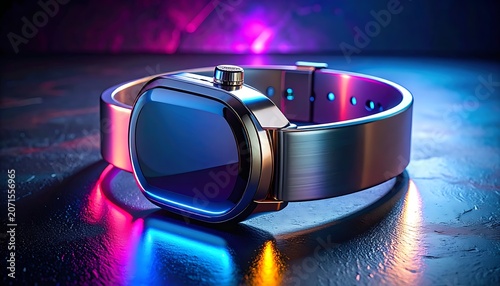 A futuristic smartwatch with metallic band and screen