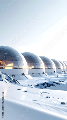 A futuristic snowy landscape with a row of dome-shaped structures