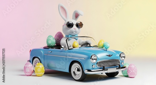Cool Easter bunny wearing stylish sunglasses and bow tie, sitting in a small vintage retro convertible car