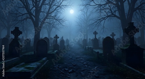 Eerie graveyard at night with fog and full moon