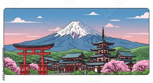 Panoramic flat vector illustration of Asia travel destination, Mount Fuji, temple complex, red torii gate, green hills