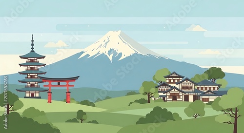 Flat vector illustration of Asian landmarks skyline, Mount Fuji, pagoda temple, torii gate, traditional Asian houses