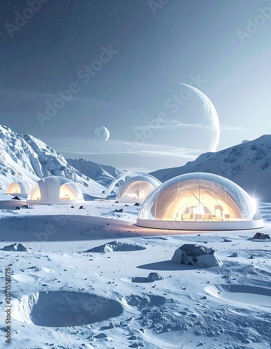 A futuristic snowy landscape with illuminated dome-shaped structures (2)
