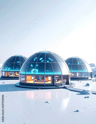 A futuristic snowy landscape with three illuminated glass domes (1)