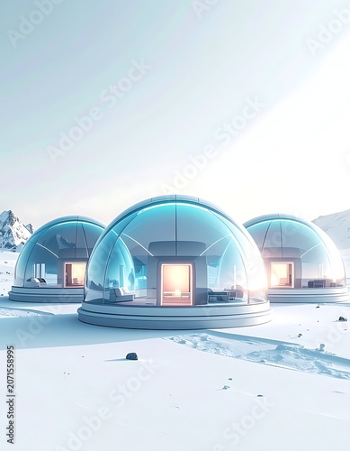 A futuristic snowy landscape with three illuminated glass domes