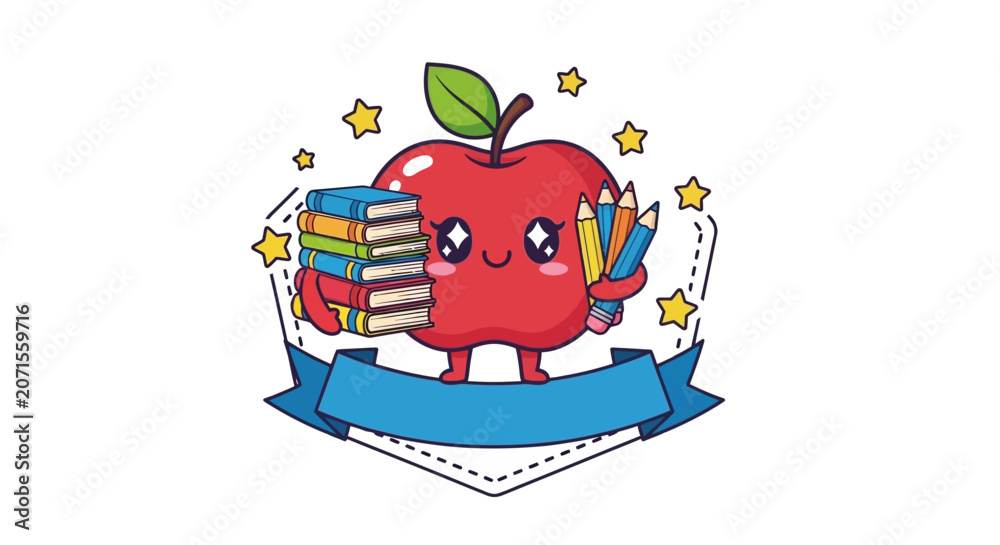 Fototapeta premium Cute Apple Character Holding Books.