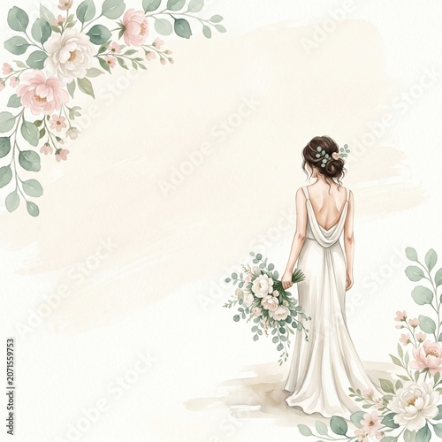 Watercolor illustration of a bride from behind in a white gown holding a bouquet, surrounded by floral corners. Perfect for wedding invitations, bridal showers, or romantic design projects.