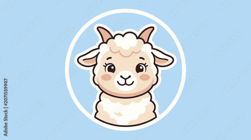 Fototapeta premium A cute, fluffy cartoon llama head with big eyes and small horns, set against a soft blue background within a white circle.