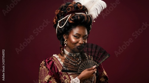 Dark skinned woman in a rich maroon dress with gold details holds a decorative fan, her elaborate hairstyle adorned with pearls and feathers. Perfect for royal, elegant themes.