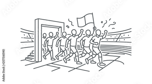 People running out door excitedly together.
