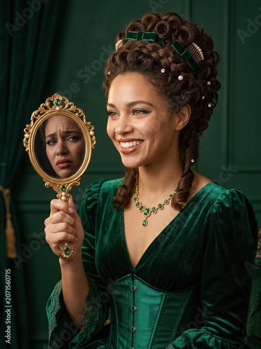 Victorian woman in a green velvet dress holds an ornate mirror reflecting a sad face while she smiles. Ideal for themes of duality, emotions, or psychological concepts.