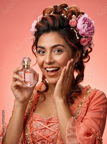 Woman in a peach dress with flowers in her hair holds a perfume bottle. Beautiful woman in Rococo style dress with perfume bottle. Ideal for beauty, fragrance, or vintage inspired design projects.
