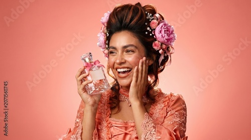 Woman in a peach dress with flowers in her hair holds a perfume bottle. Beautiful woman in Rococo style dress with perfume bottle. Ideal for beauty, fragrance, or vintage inspired design projects.