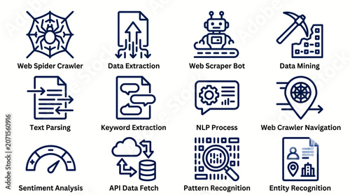 Fotografie Collection of data science and web crawling related icons on for business and te