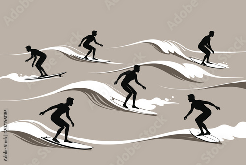 dynamic silhouettes of multiple athletic surfers riding on large rolling waves on a neutral beige background.