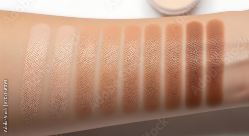 Close-up nude beige makeup swatches in gradient tones, creamy cosmetic texture, clean minimal background