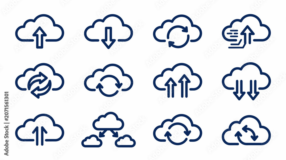 Obraz premium Collection of cloud icons with arrows for data transfer and synchronization