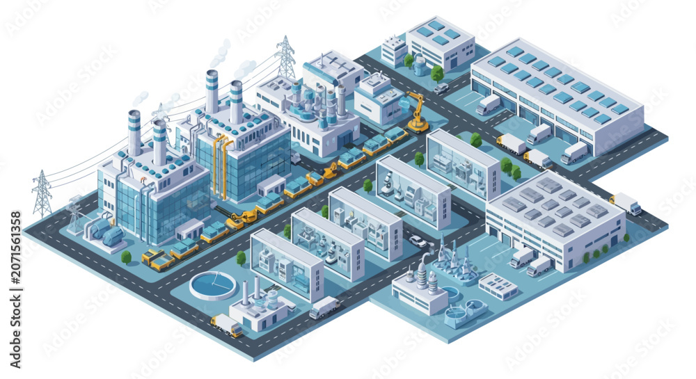Fototapeta premium Isometric industrial plant complex with manufacturing facilities and power station.