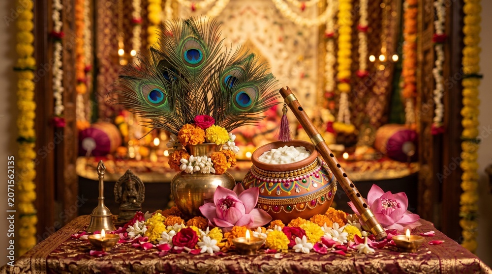 Fototapeta premium Traditional krishna flute and butter pot with festive decorations