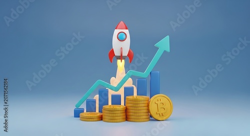 3D illustration of rocket taking off next to financial growth chart, golden bitcoin coins stacked, rising arrow graph, minimal blue background