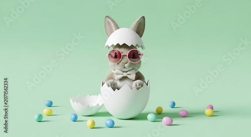 Cute Easter bunny sitting inside cracked eggshell, wearing pink sunglasses and bow tie, pastel green background