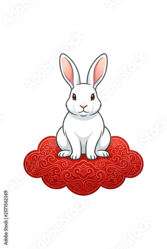 White Rabbit Sitting on Red Cloud Transparent Background