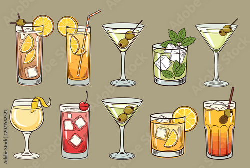 hand drawn colorful cocktail illustrations containing classic drinks with mint, lemon slices, and ice.