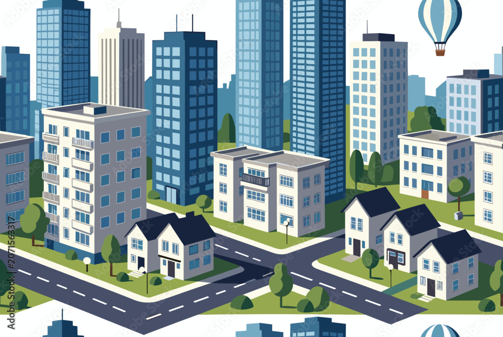 Fototapeta premium Colorful seamless urban cityscape features modern skyscrapers, residential houses, winding roads, and green trees.