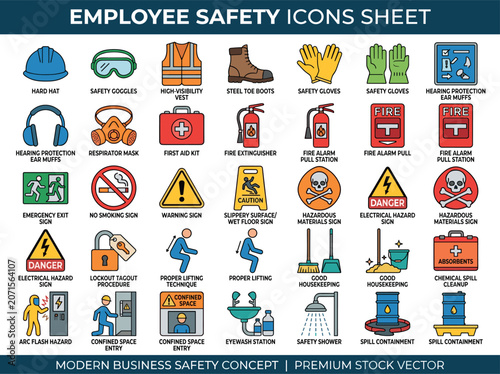 Employee Safety Icons Sheet 35 Vector PPE Hard Hat Fire Alarm Arc Flash Confined Space Safety Shower Spill Chemical Hazard Flat EPS