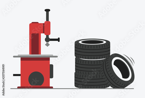 Garage equipment illustration shows a professional red tire changer machine beside a stack of black car tires.