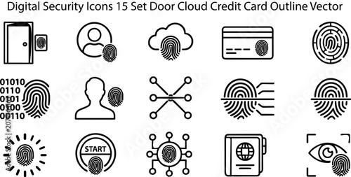 Fingerprint Biometric Digital Security Icons 15 Set Door Cloud Credit Card Binary Code Network Passport Eye Scan Outline Vector