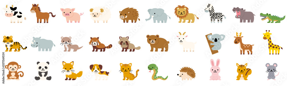 Fototapeta premium ポップでかわいい動物のイラストアイコンセット