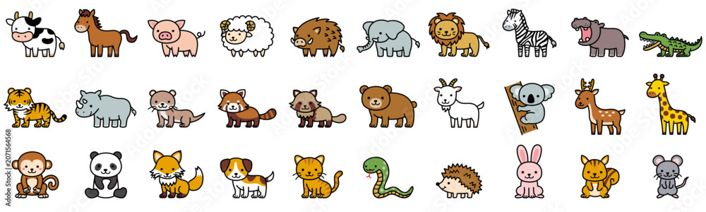 Fototapeta premium ポップでかわいい動物のイラストアイコンセット（主線あり）