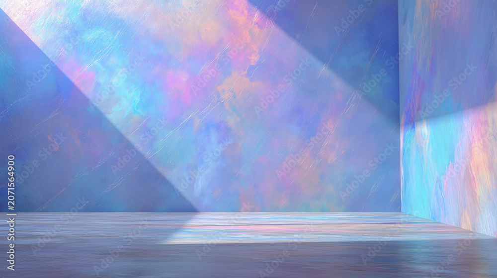 Abstract interior background with vibrant holographic light and colorful textured walls