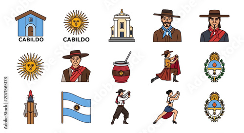 Bild auf Leinwand Argentina culture icons set, traditional gaucho and tango dancer illustrations,