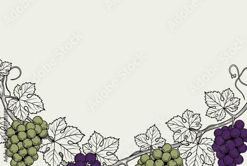 Beautiful vintage border of hand-drawn green and purple grapes on the vine with leaves against a light background.
