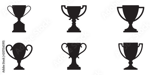 Selected collection of black trophy cup silhouettes for sports and winner award recognition isolated on white.