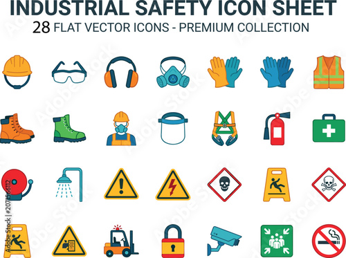 Industrial Safety Icon Sheet 28 Flat Vector Premium Helmet Gloves Harness Face Shield CCTV Bell Alarm Forklift Lock Skull Warning
