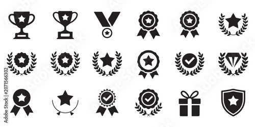Collection of award icons featuring trophies medals wreaths stars ribbons and badges for achievements and success.