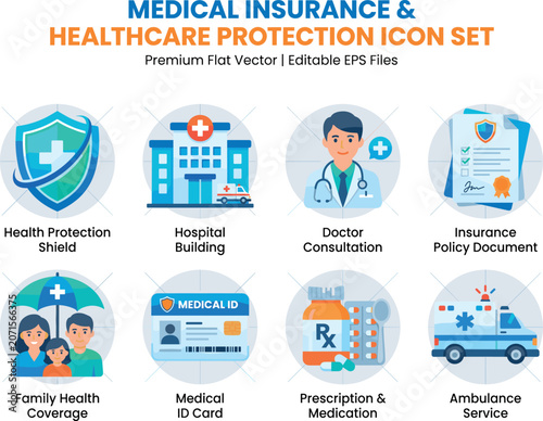 Medical Insurance and Healthcare Protection Icon Set, Premium Flat Vector Health Coverage Icons