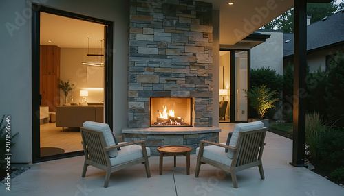 A modern outdoor patio with two stylish chairs facing a stone fireplace, framed by an open doorway to a contemporary interior