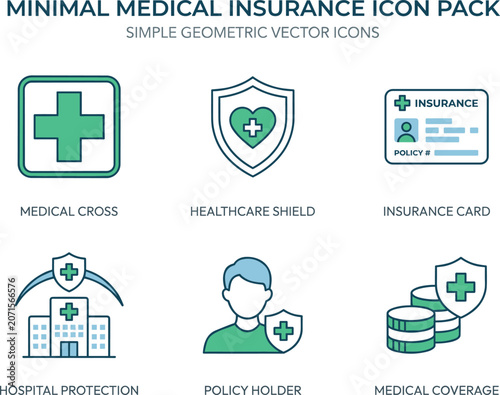 Minimal Medical Insurance Icon Pack, Simple Geometric Healthcare Coverage Vector Icon Set