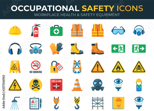 Occupational Safety Icons 35 Flat Vector Workplace Health Equipment Helmet Harness Gas Mask Crane Hook Scaffold Chemical Eye Hazard