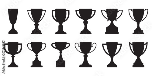 Collection of twelve black trophy cup silhouettes isolated on white background for sporting events and competitions.