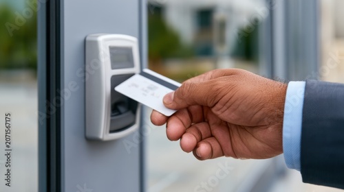Security guard using access control card to enter a building, hand positioned near card reader on glass door with blurred outdoor environment visible in the background