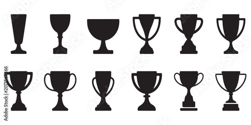 Set of black trophy cup and winning award icons isolated on white background for various sport competitions and events.